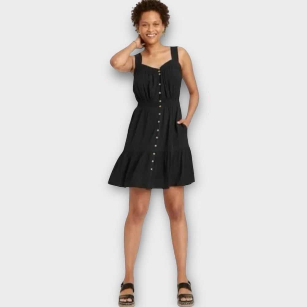 KNOX ROSE Black Tiered Sleeveless Button-Front Mini Dress XS Summer NWT